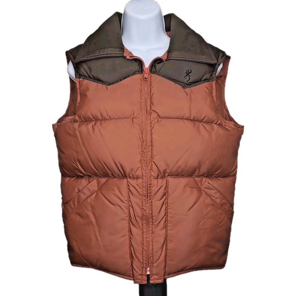 Vtg Browning Down Vest Mens Size Small Brown Puffer Hunting Washable Made in USA